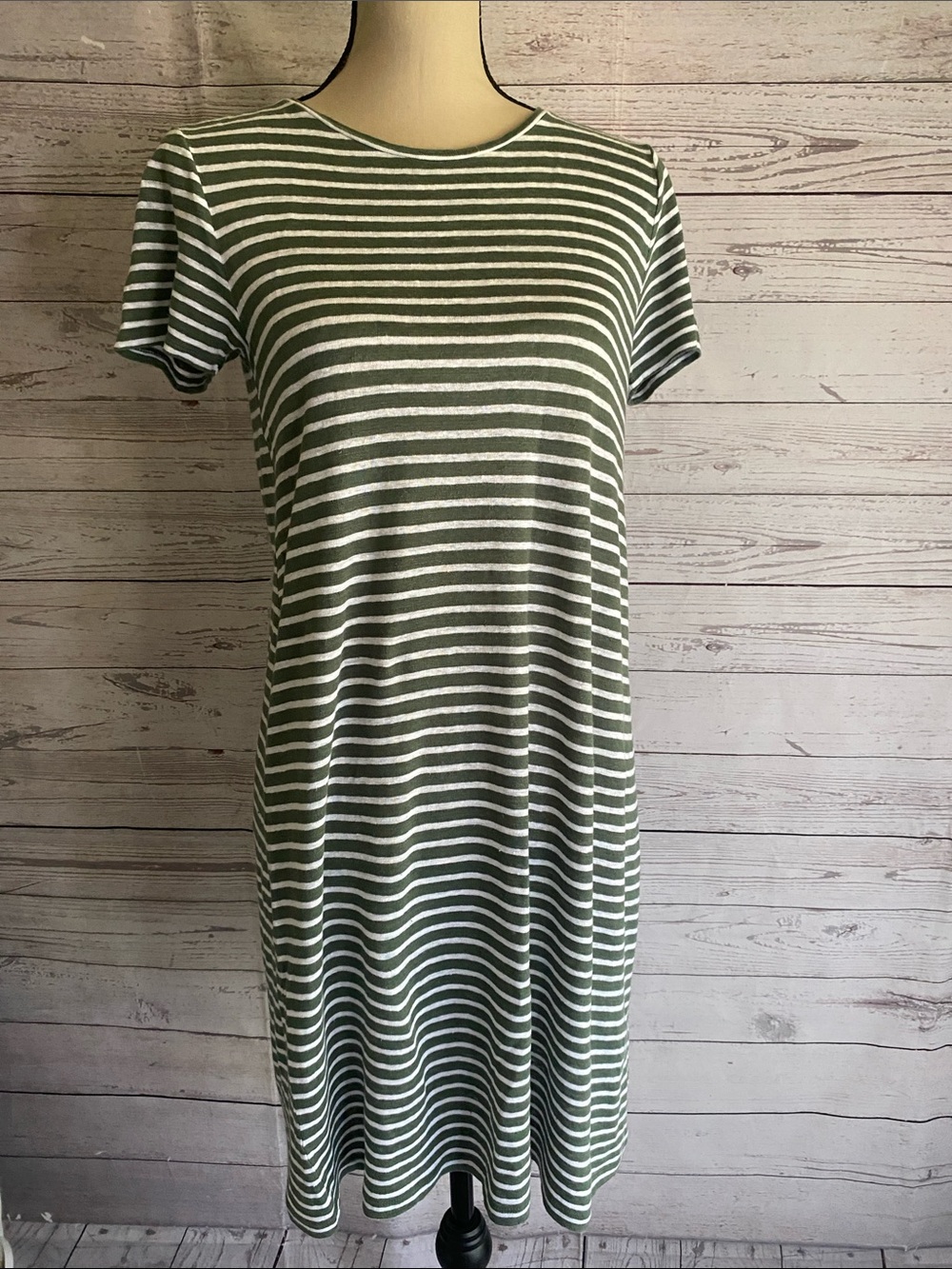 Eileen Fisher Olive Green and White Striped Short Sleeve Linen Dress Size XXS